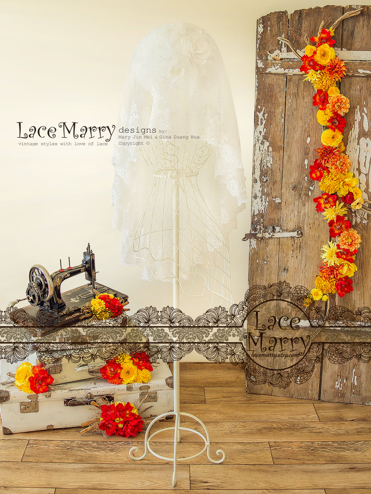 Drop Over Lace Veil with Floral Pattern