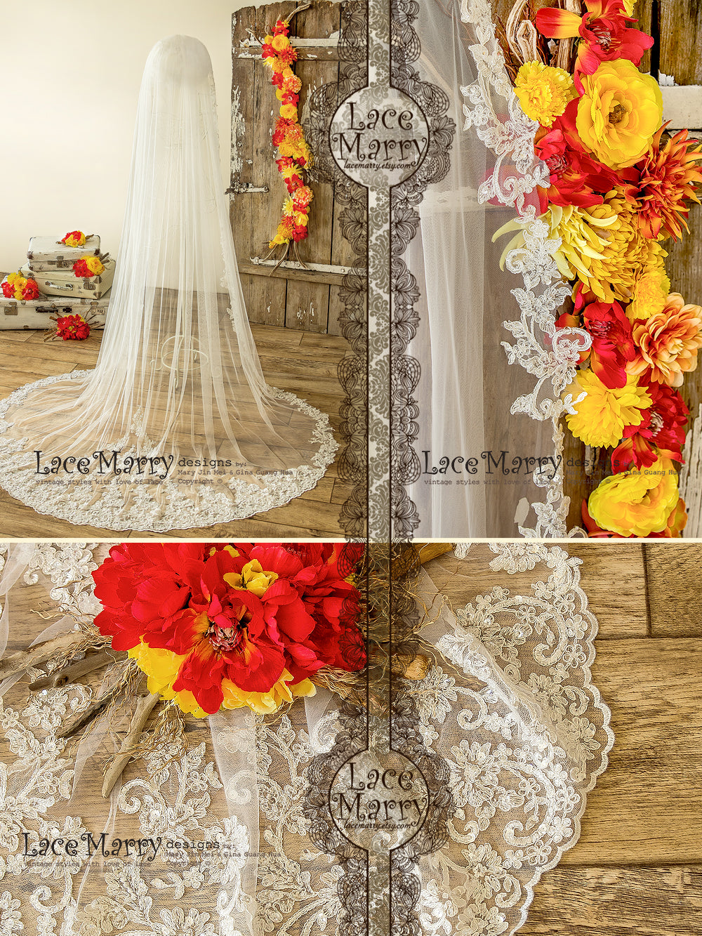 Long Single Tier Wedding Veil with Lace Trim